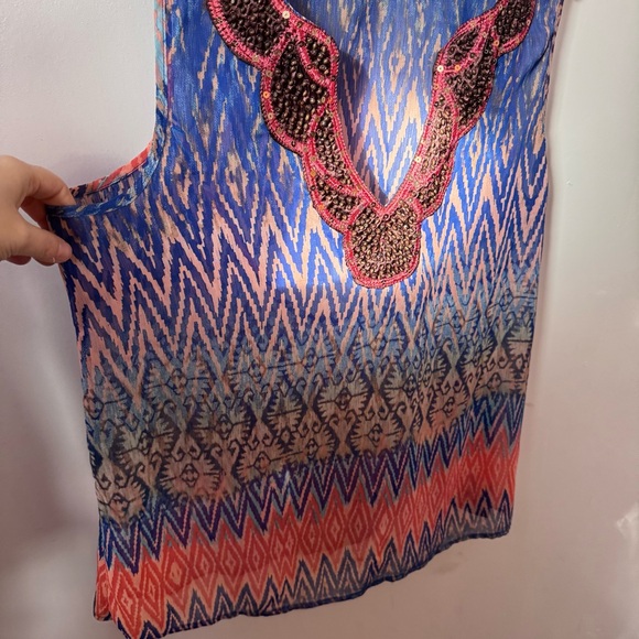 Studio Y Women Tank Size XL Blue Beaded Cut V-Neck Boho Keyhole Back Top Sheer - Picture 6 of 14